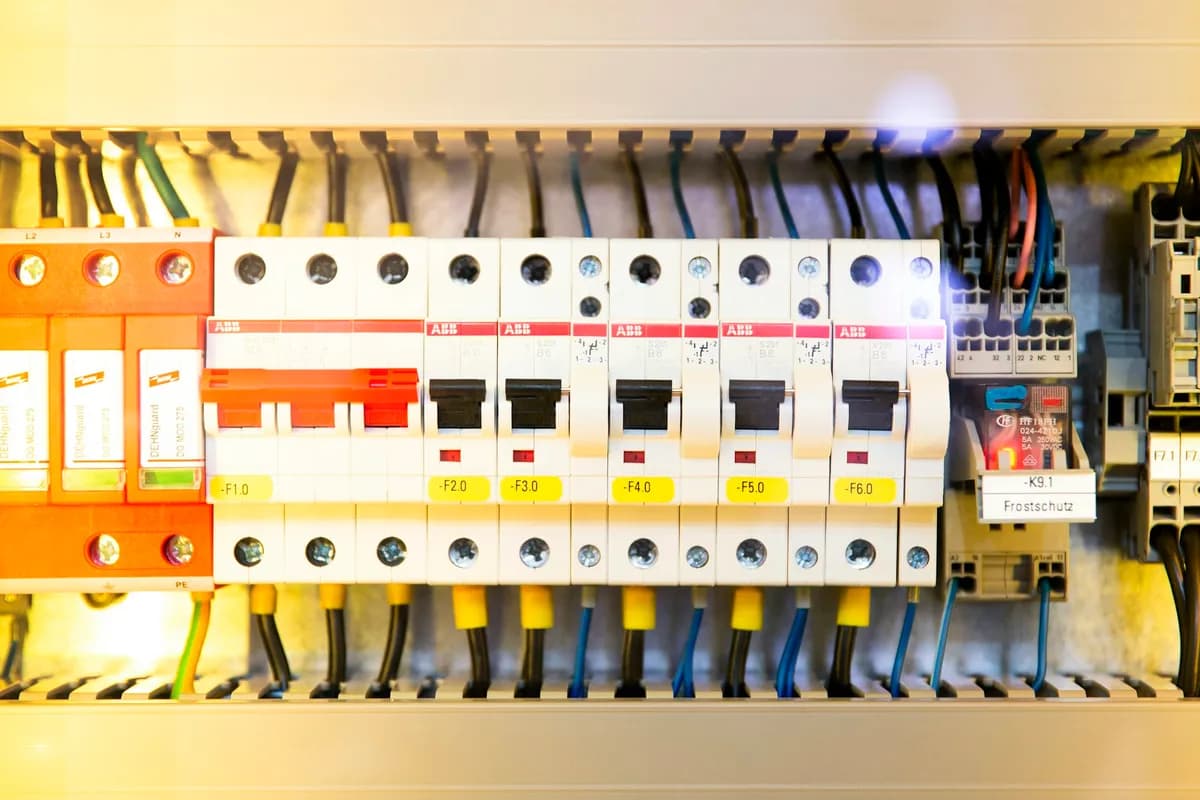Tablero eléctrico industrial con interruptores y cableado ordenado